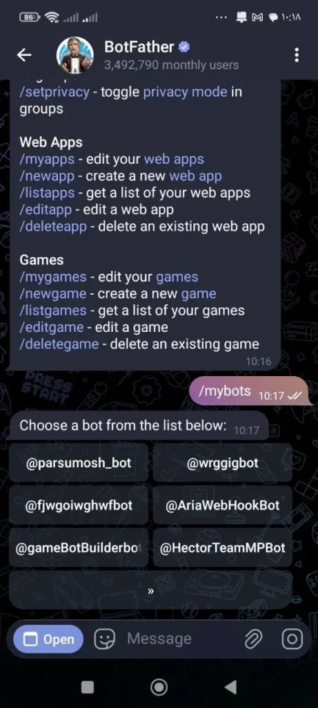 لیست ربات های شما در بات فادر
