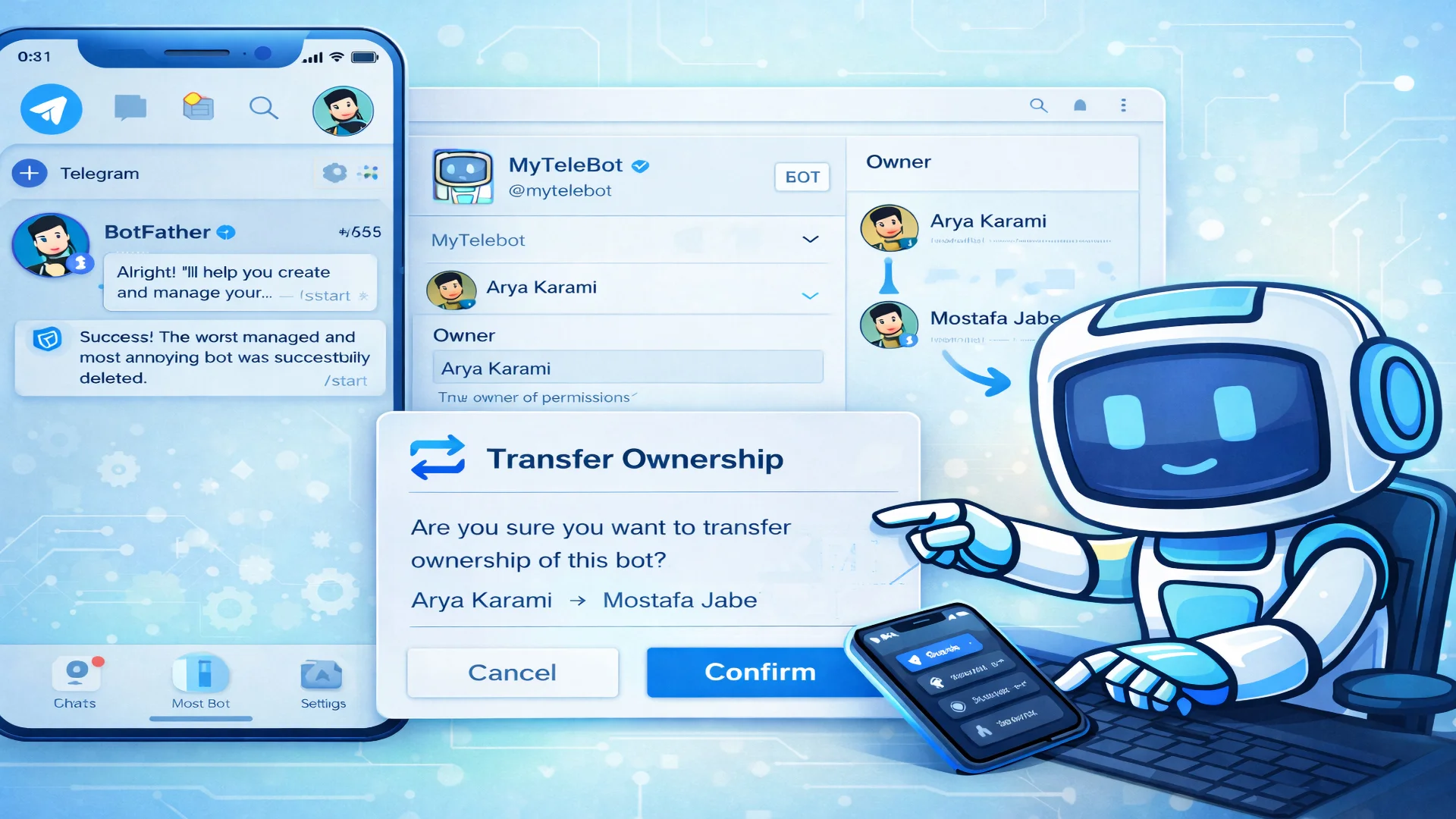 آموزش تغییر مالکیت ربات تلگرام | انتقال ربات به اکانت دیگر در BotFather